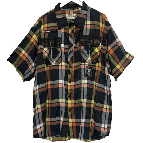 Raw Blue Mens Plaid Embroidered Button Shirt Size 4XL Grunge Skater Biker Y2K - Picture 2 of 16